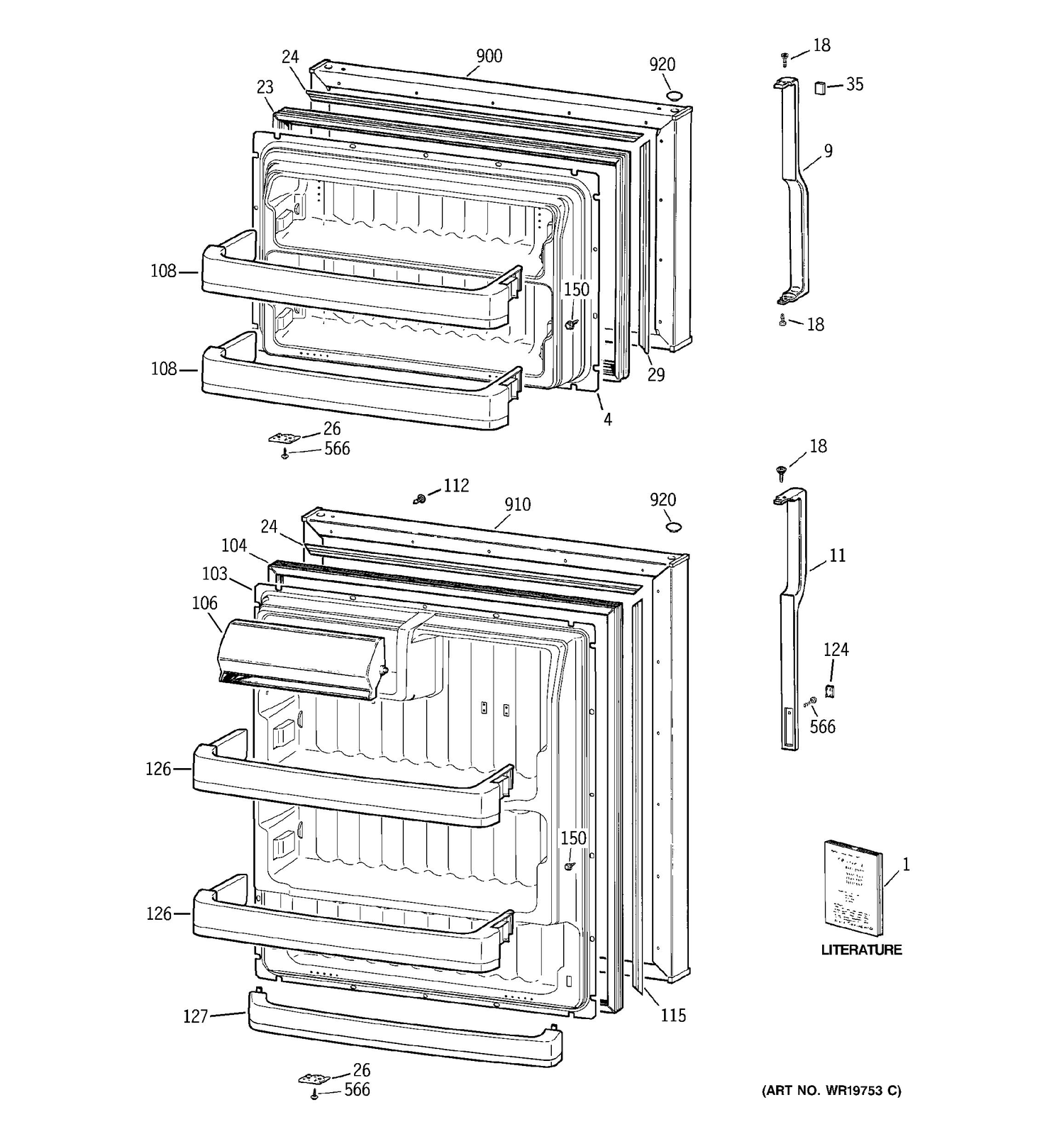 DOORS Diagram and Parts List for MTS18BBSARWW  General Electric Refrigerator