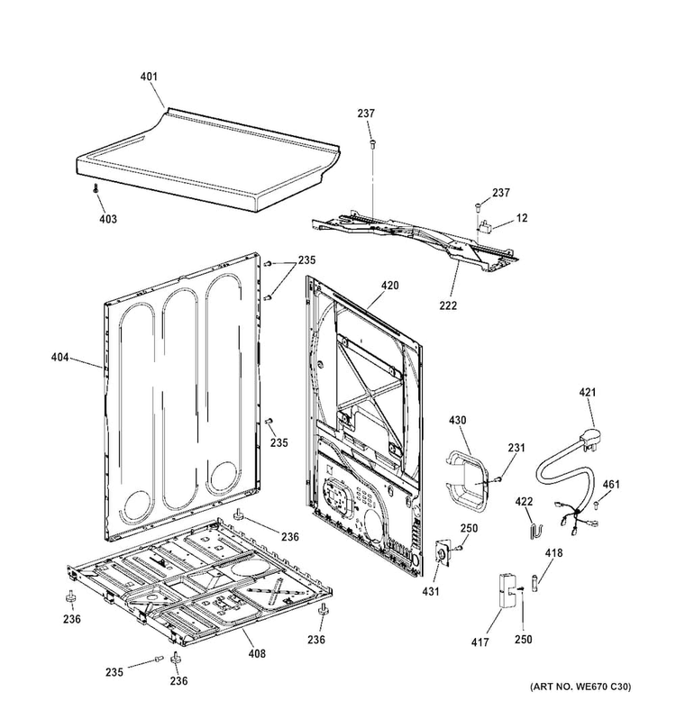 Cabinet & Top Panel Diagram and Parts List for GTDX180GD3WW  General Electric Dryer