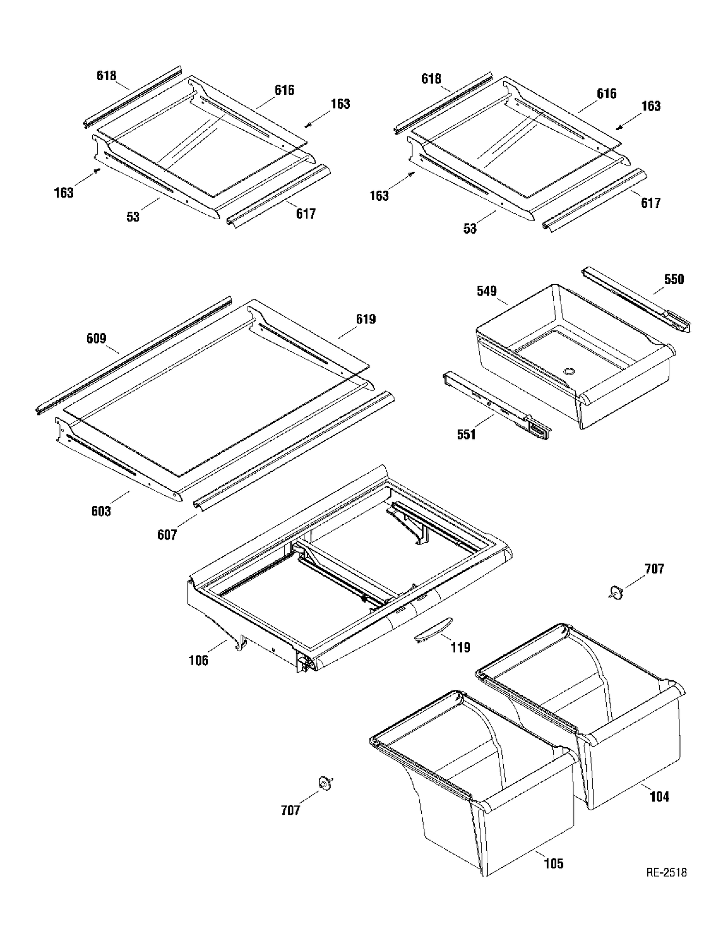 FF SHELVES Diagram and Parts List for GTR22HBTARWW  General Electric Refrigerator