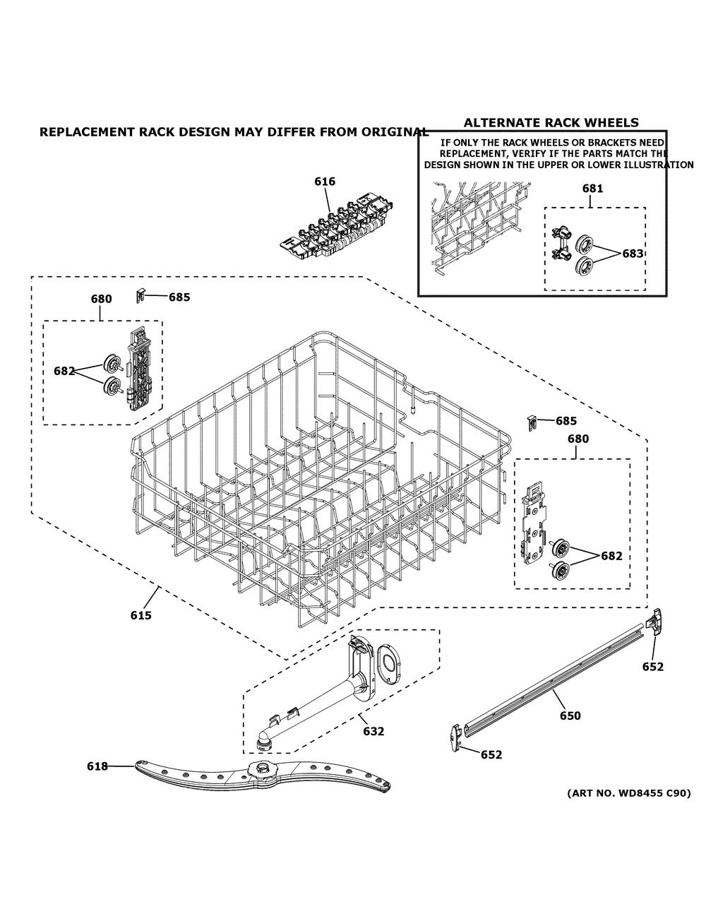 Upper Rack Assembly Diagram and Parts List for GDT535PGR6WW  General Electric Dishwasher
