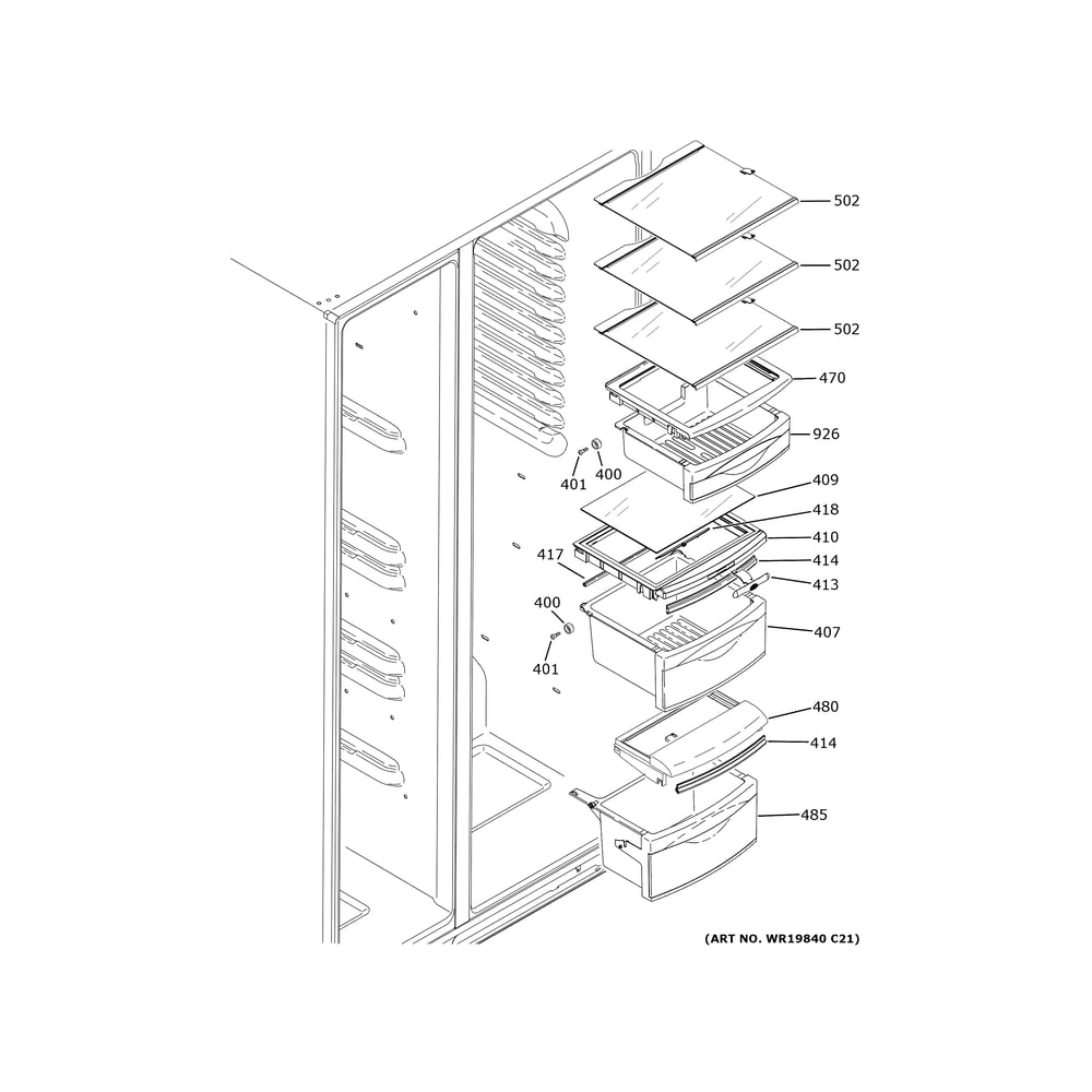 Fresh Food Shelves Diagram and Parts List for GSS25IYNBHFS  General Electric Refrigerator