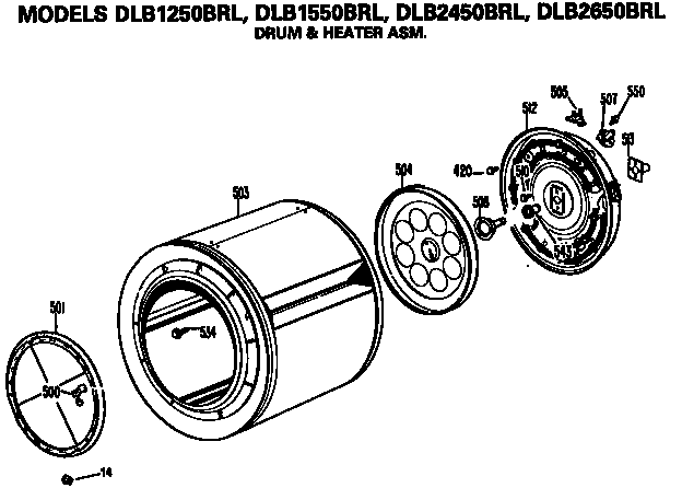Drum And Heater Assembly Diagram and Parts List for DLB2650BRL  Hotpoint Dryer