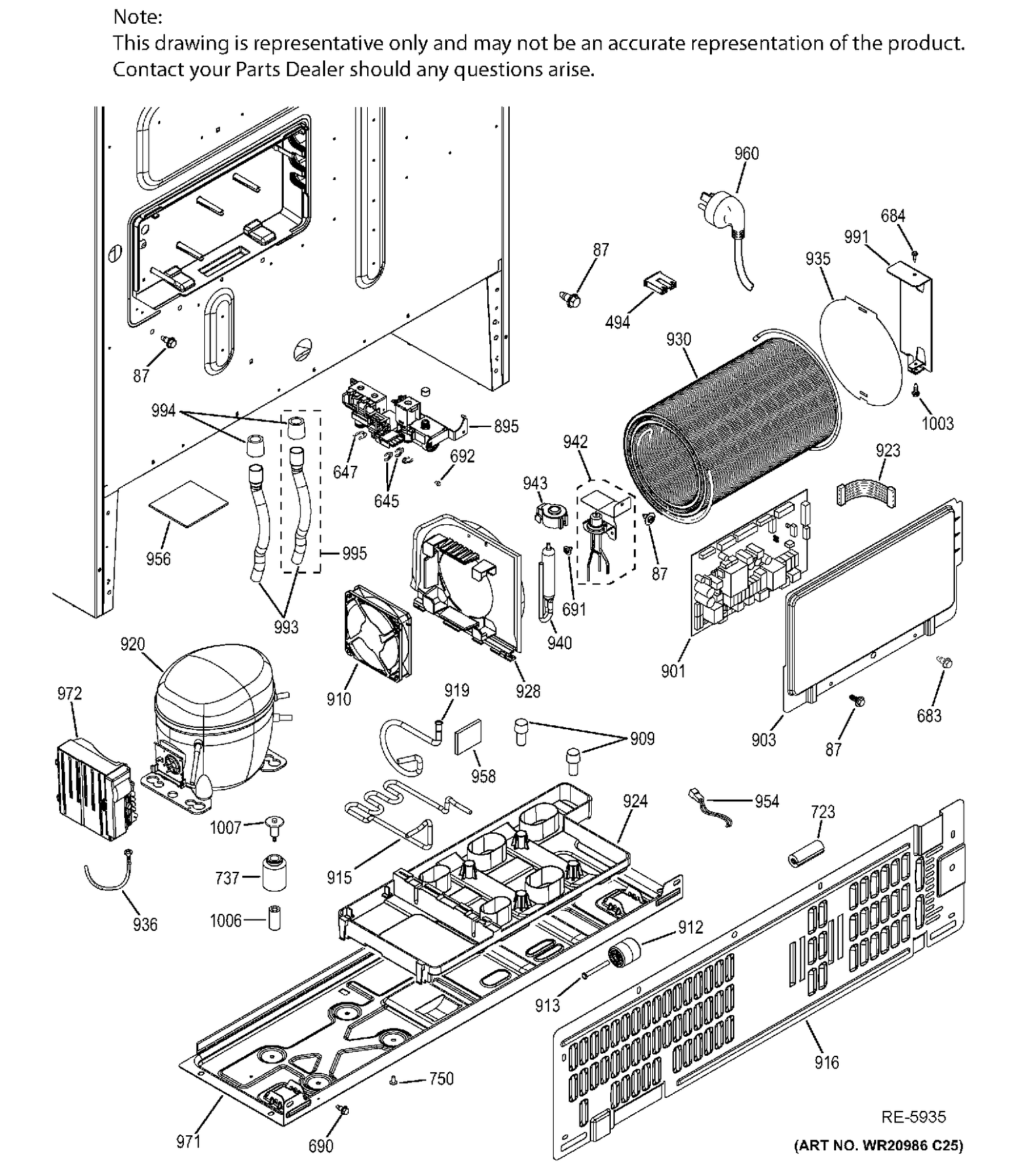 MACHINE COMPARTMENT Diagram and Parts List for PWE23KMDDES  General Electric Refrigerator