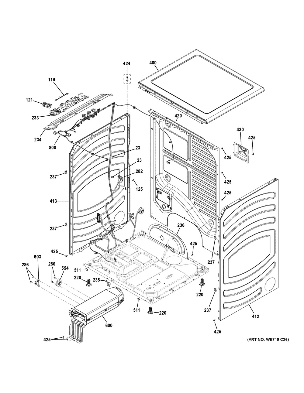 Cabinet And Top Panel Diagram and Parts List for GFV55ESSN2WW  General Electric Dryer
