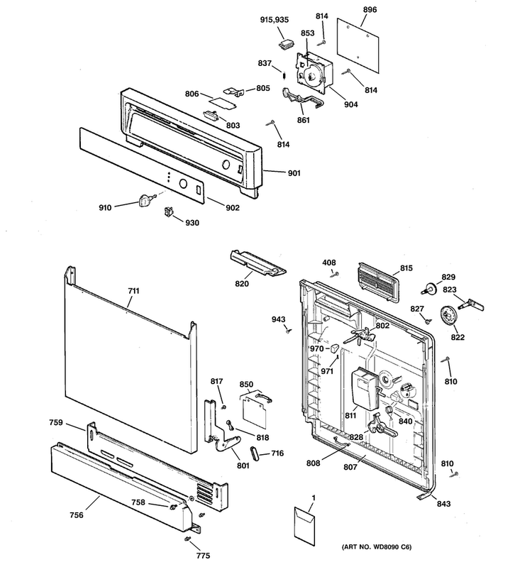 Escutcheon & Door Assembly Diagram and Parts List for GSD1900J20WH  General Electric Dishwasher