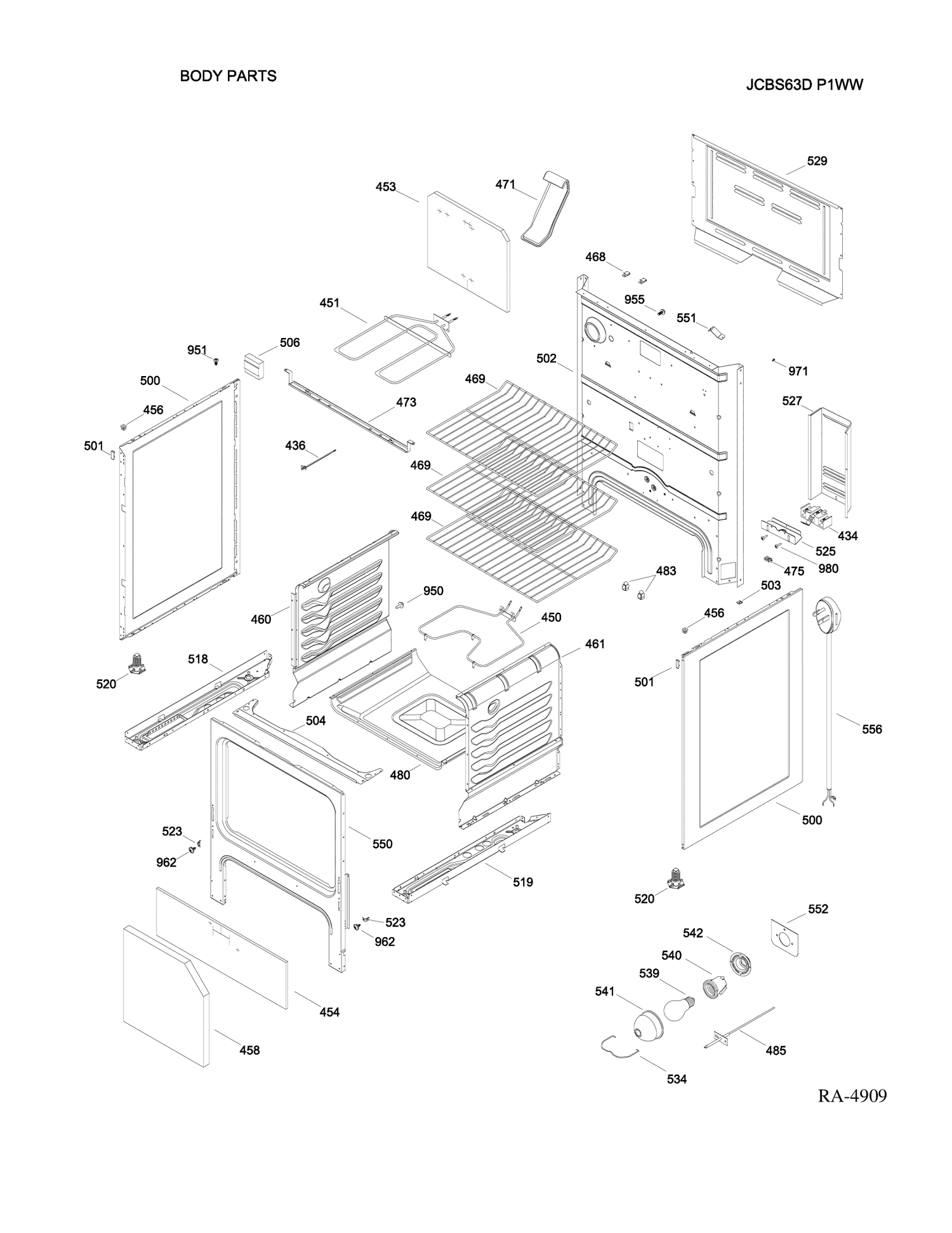 BODY PARTS Diagram and Parts List for JCBS63DP1WW  General Electric Range