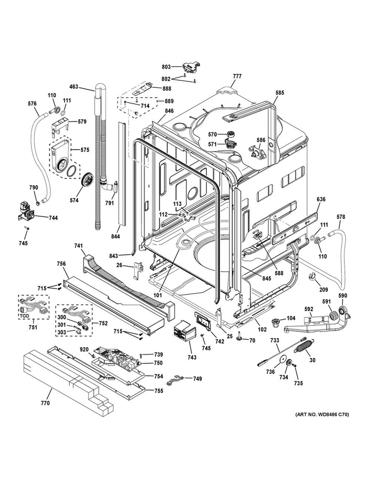 Body Parts Diagram and Parts List for CDT835SMJ0DS  General Electric Dishwasher