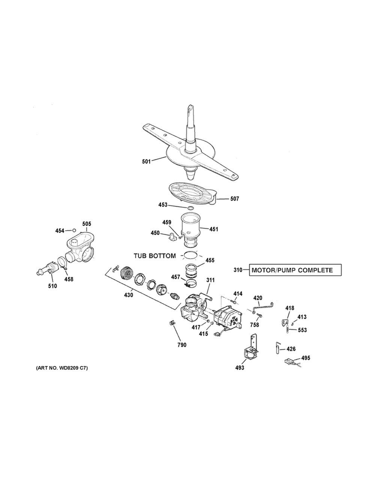 Motor-pump Mechanism Diagram and Parts List for GSC3500D45BB  General Electric Dishwasher