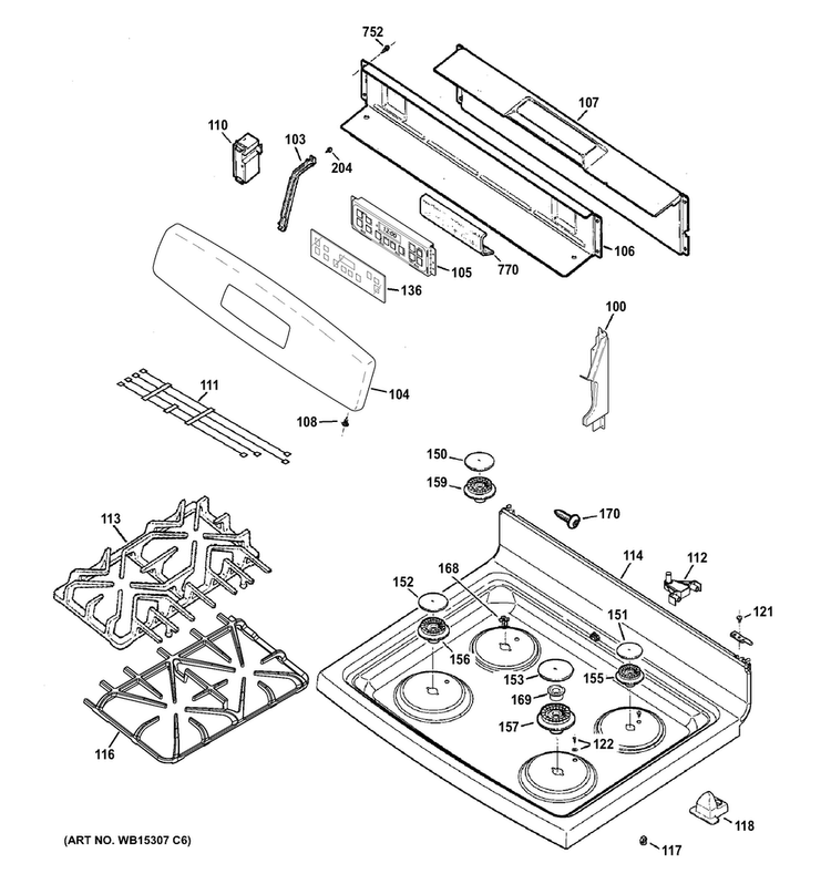 Control Panel & Cooktop Diagram and Parts List for JGB640SEF5SS  General Electric Range