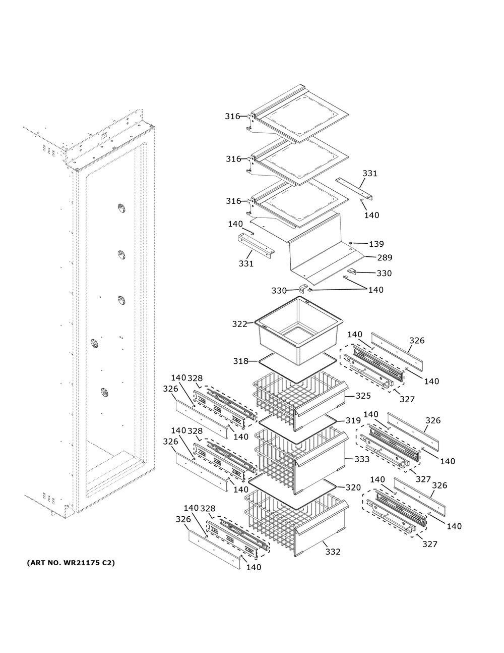 Shelves And Drawers Diagram and Parts List for ZIF361NPRCII  General Electric Refrigerator