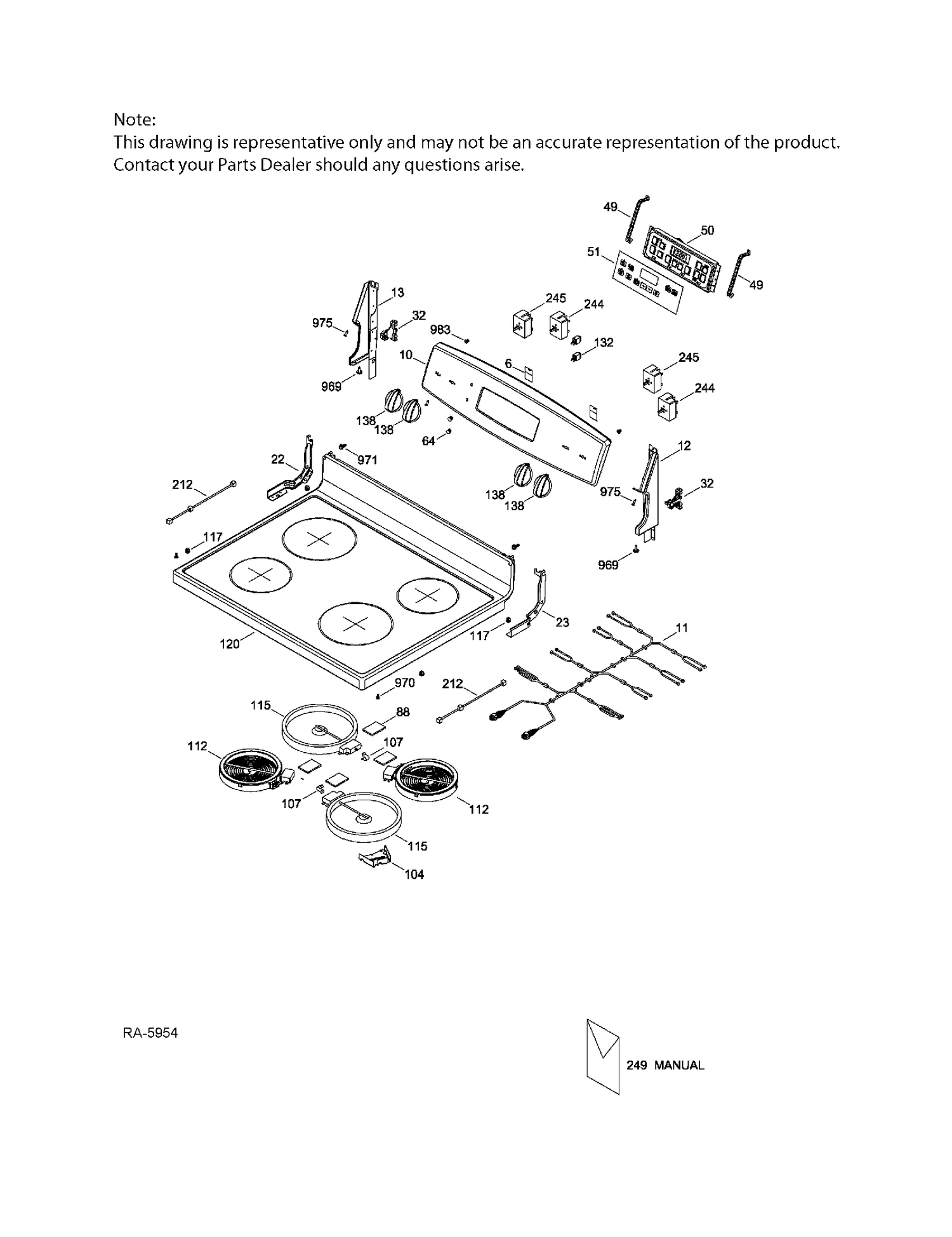 CONTROL PANEL & COOKTOP Diagram and Parts List for JCB635DF2BB  General Electric Range