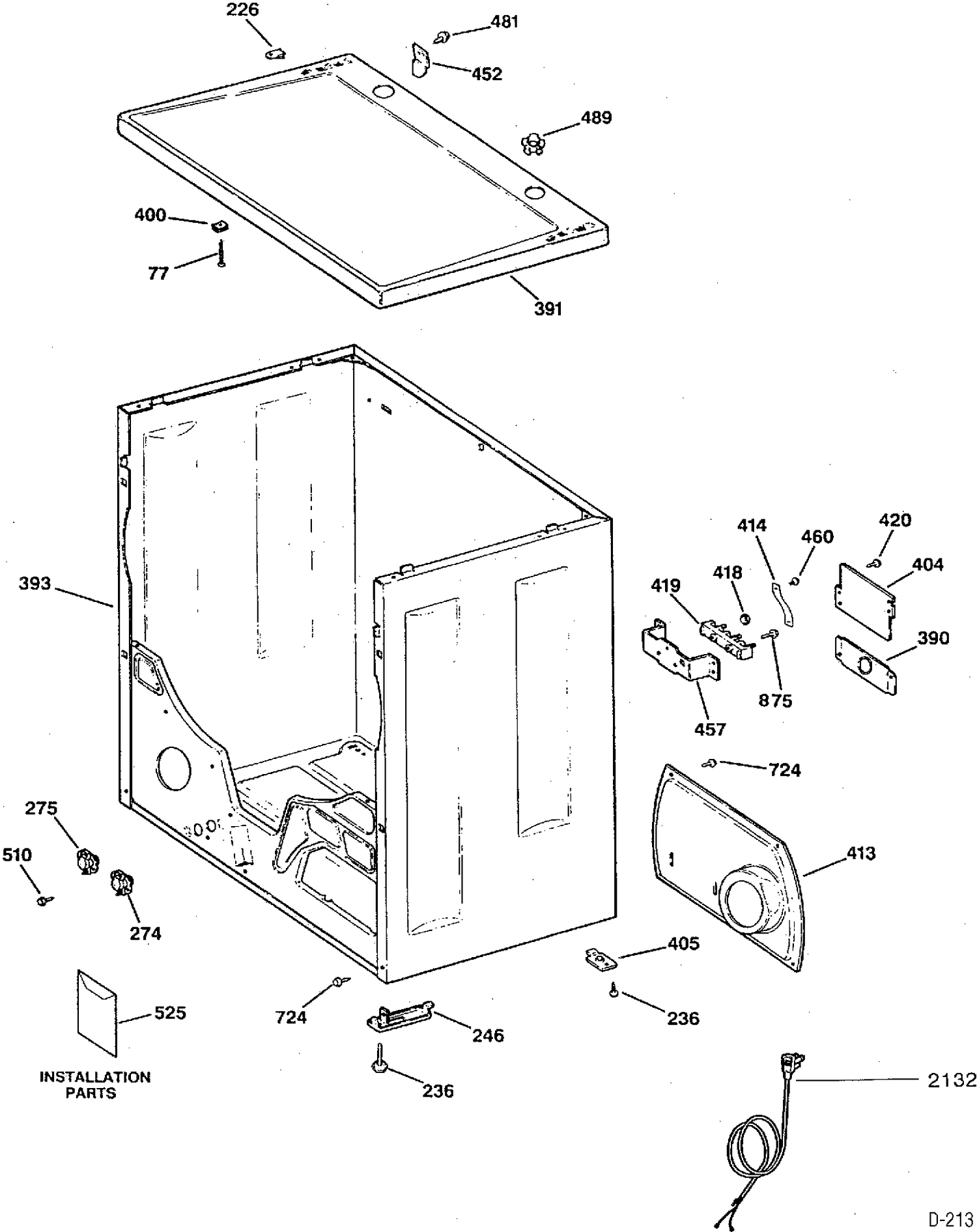 CABINET & TOP GROUP Diagram and Parts List for DRY3000SBLWH  General Electric Dryer