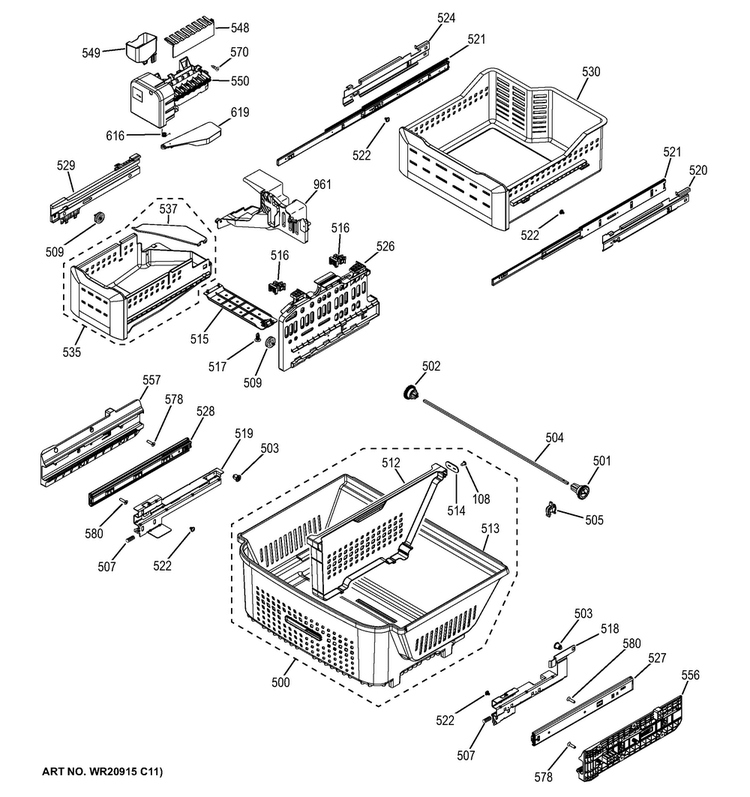 Freezer Shelves Diagram and Parts List for PWE23KGDBBB  General Electric Refrigerator