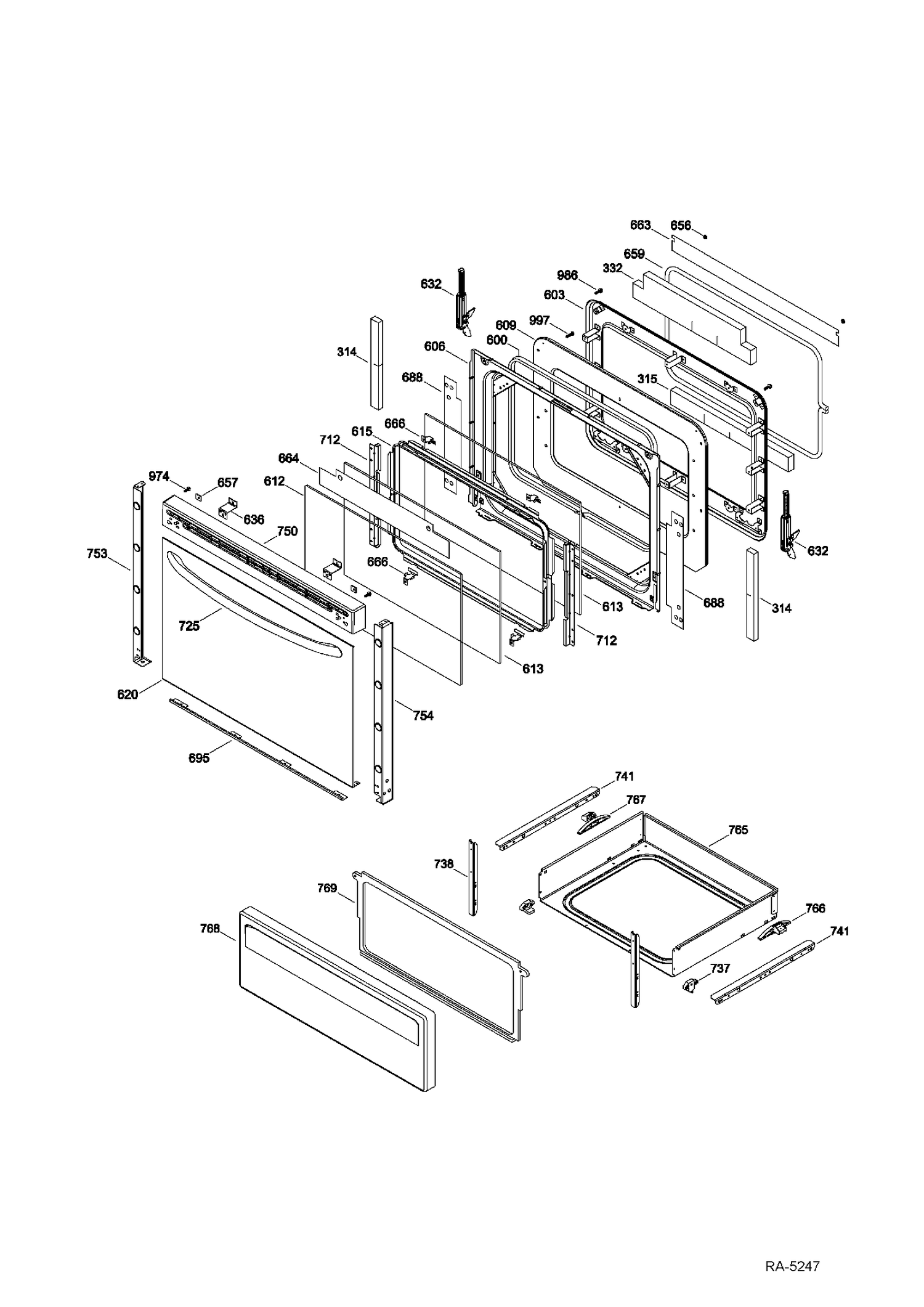 DOOR & DRAWER Diagram and Parts List for JCB560DF1WW  General Electric Range