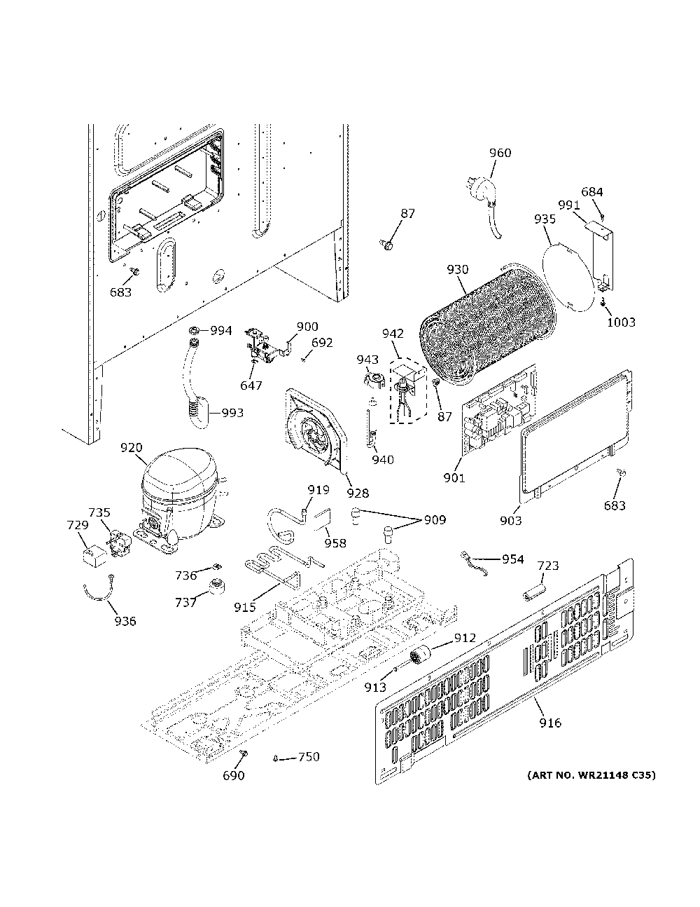 Machine compartment Diagram and Parts List for CFE28TP4MFW2  General Electric Refrigerator