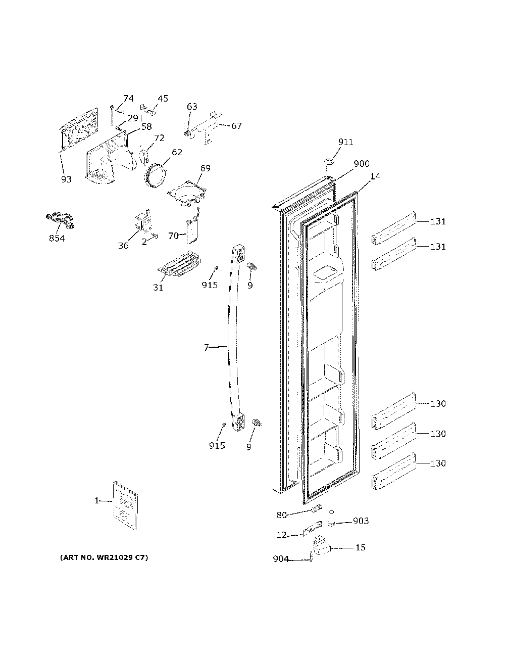 Freezer Door Diagram and Parts List for GZS22DGJXFWW  General Electric Refrigerator