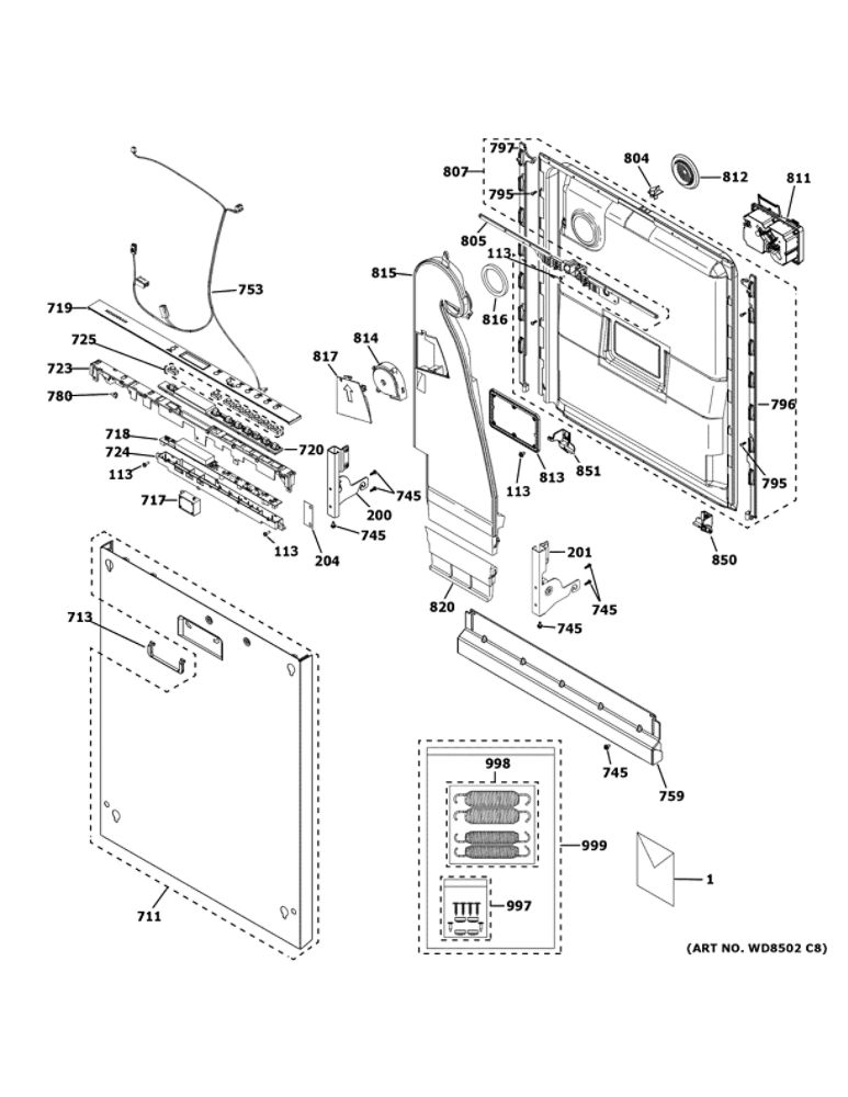 Escutcheon And Door Assembly 1 Diagram and Parts List for ZDT925SIN2II  General Electric Dishwasher