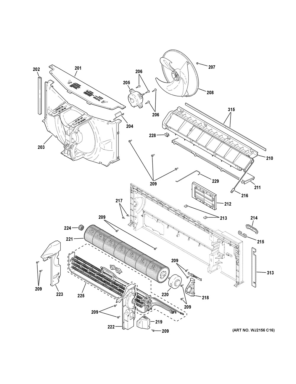 Motor & Chassis Parts Diagram and Parts List for AZ45E07EACW3  General Electric Air Conditioner