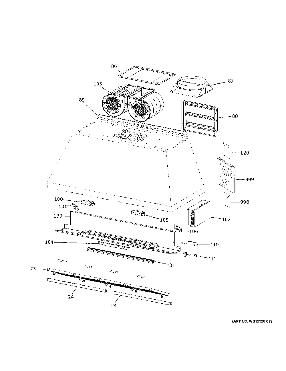 Range Hood Diagram and Parts List for ZVW1480SP1SS  General Electric Range Hood