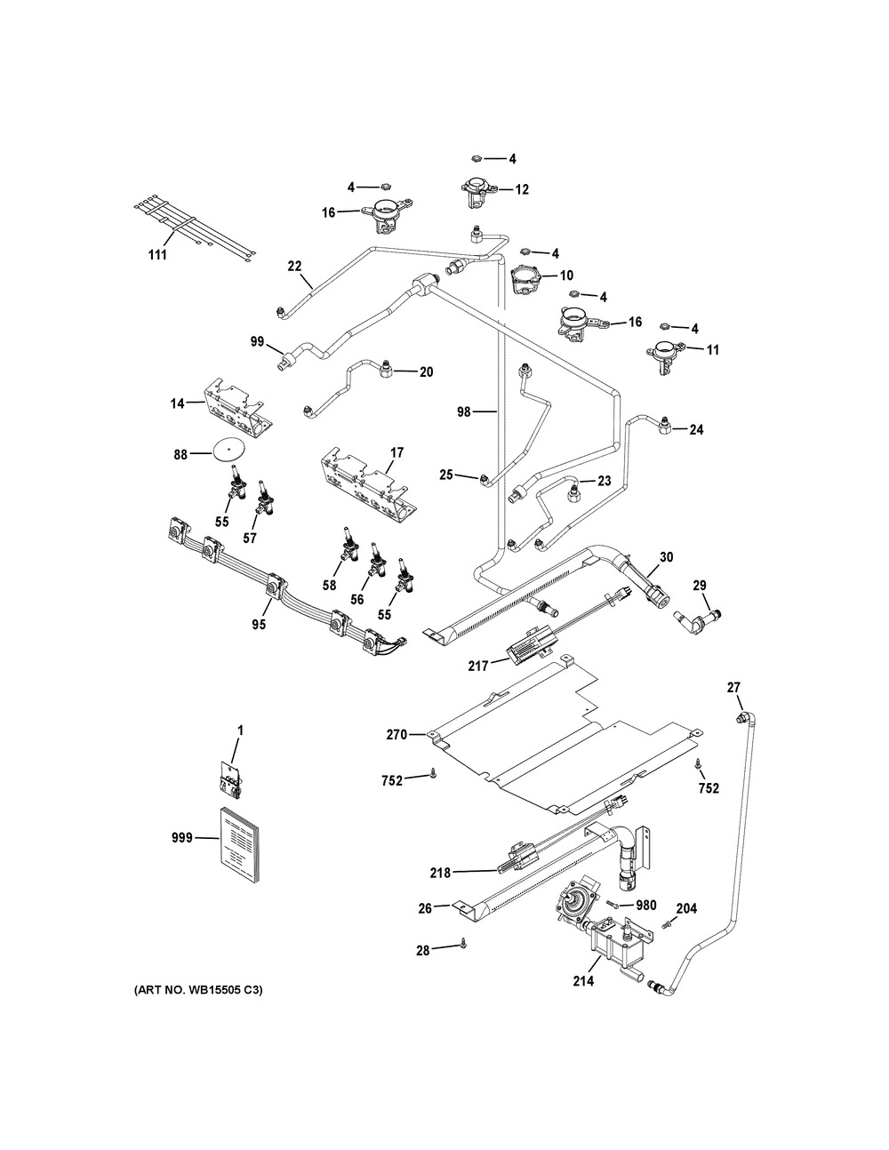 Gas & Burner Parts Diagram and Parts List for JGSS66EEL2ES  General Electric Range