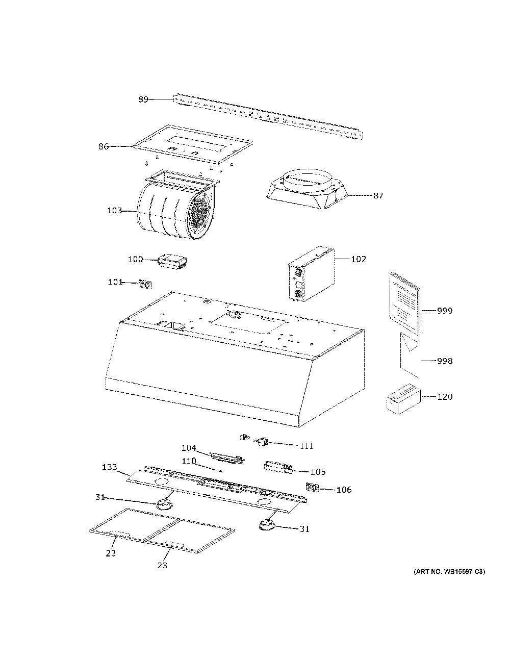Range Hood Diagram and Parts List for UVW8304SP1SS  General Electric Range Hood