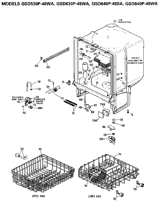 Tub And Rack Diagram and Parts List for GSD640P-48WB  General Electric Dishwasher