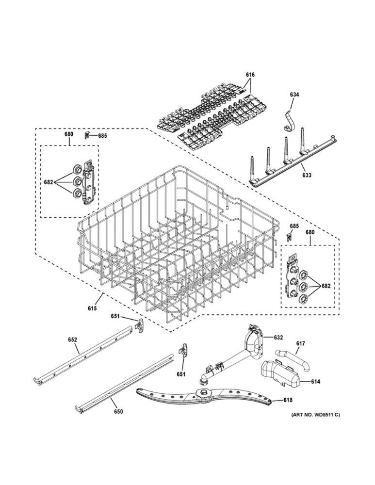 Upper Rack Assembly 1 Diagram and Parts List for GDP645SYN8FS  General Electric Dishwasher