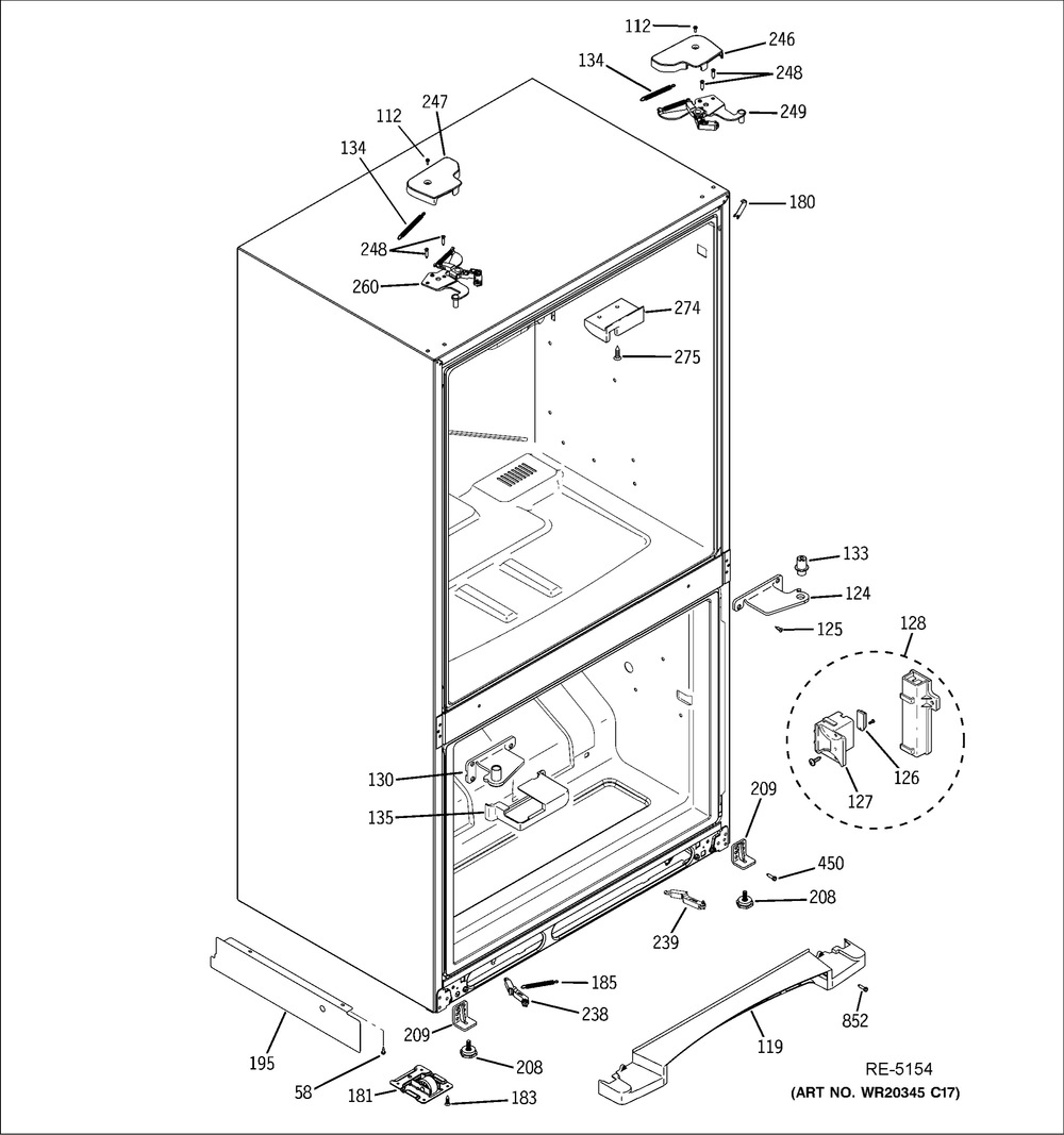 Case Parts Diagram and Parts List for PSKS333EB4WW  General Electric Refrigerator