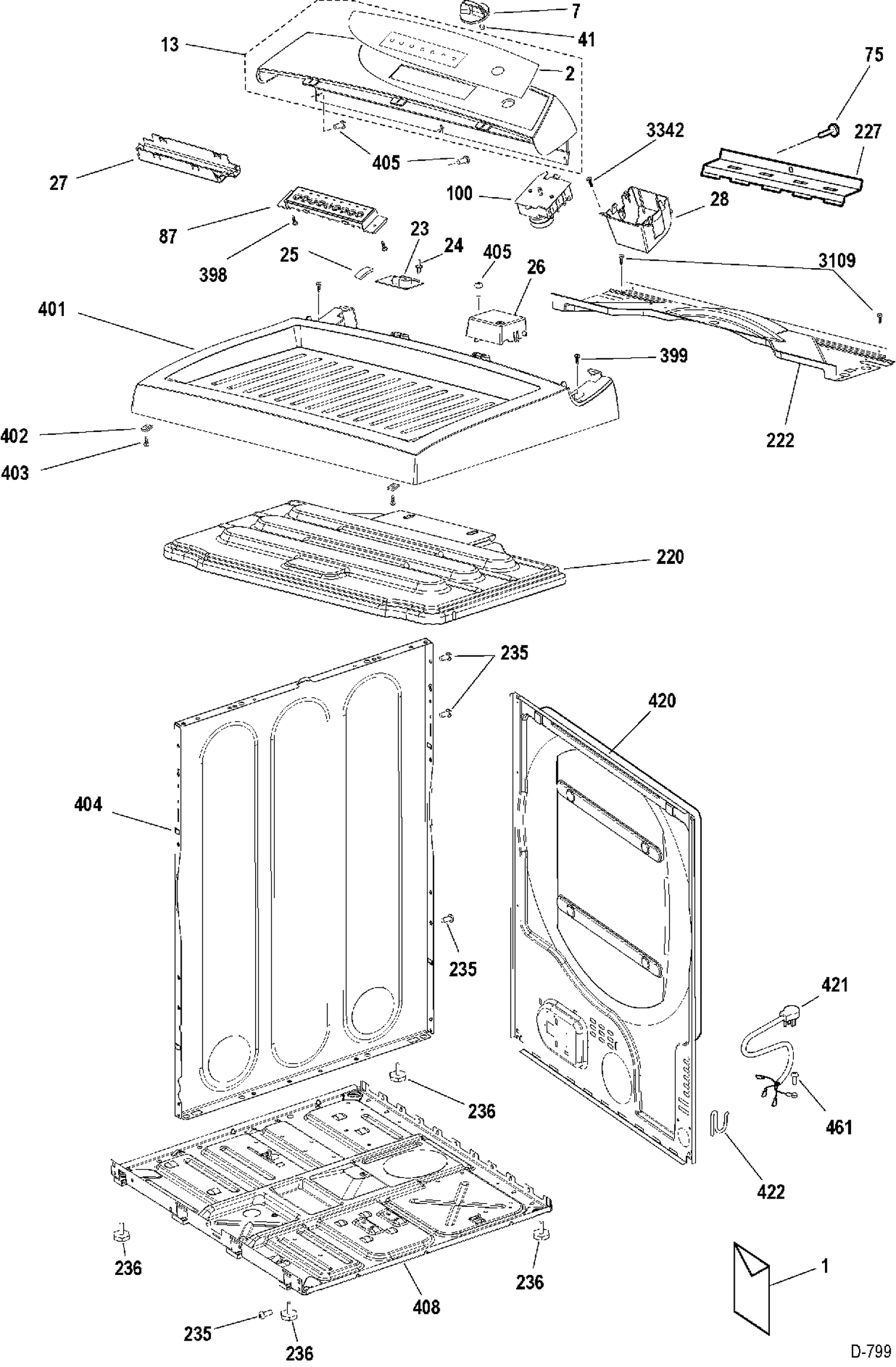 CABINET Diagram and Parts List for DE70FA1-CA2  General Electric Dryer