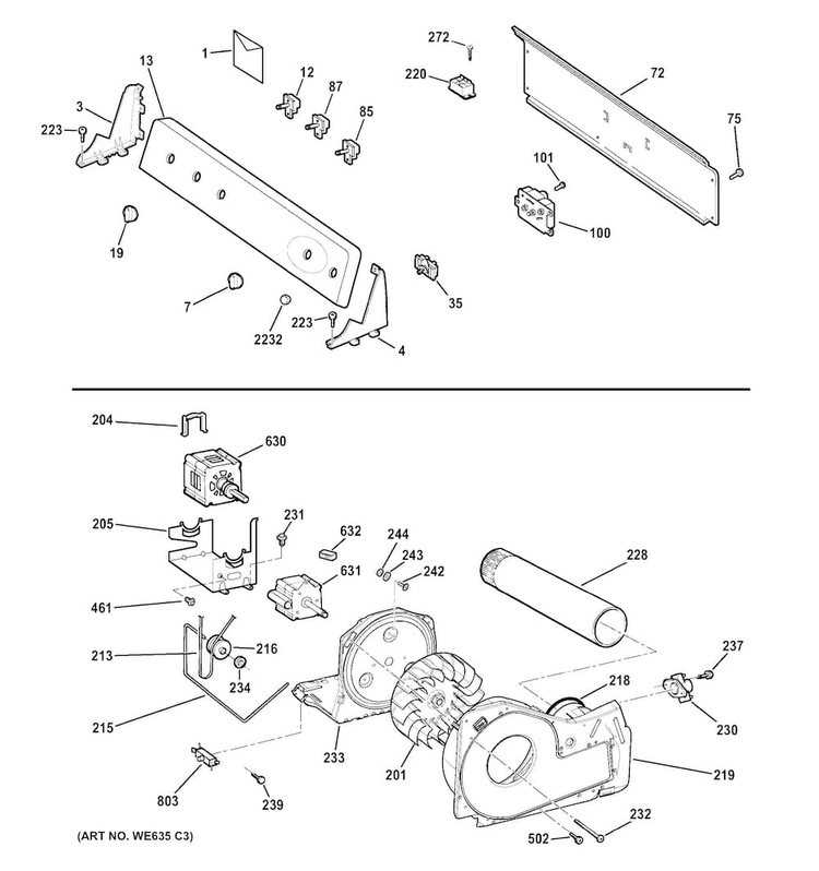 Backsplash, Blower & Motor Assembly Diagram and Parts List for GTDL210ED5WW  General Electric Dryer