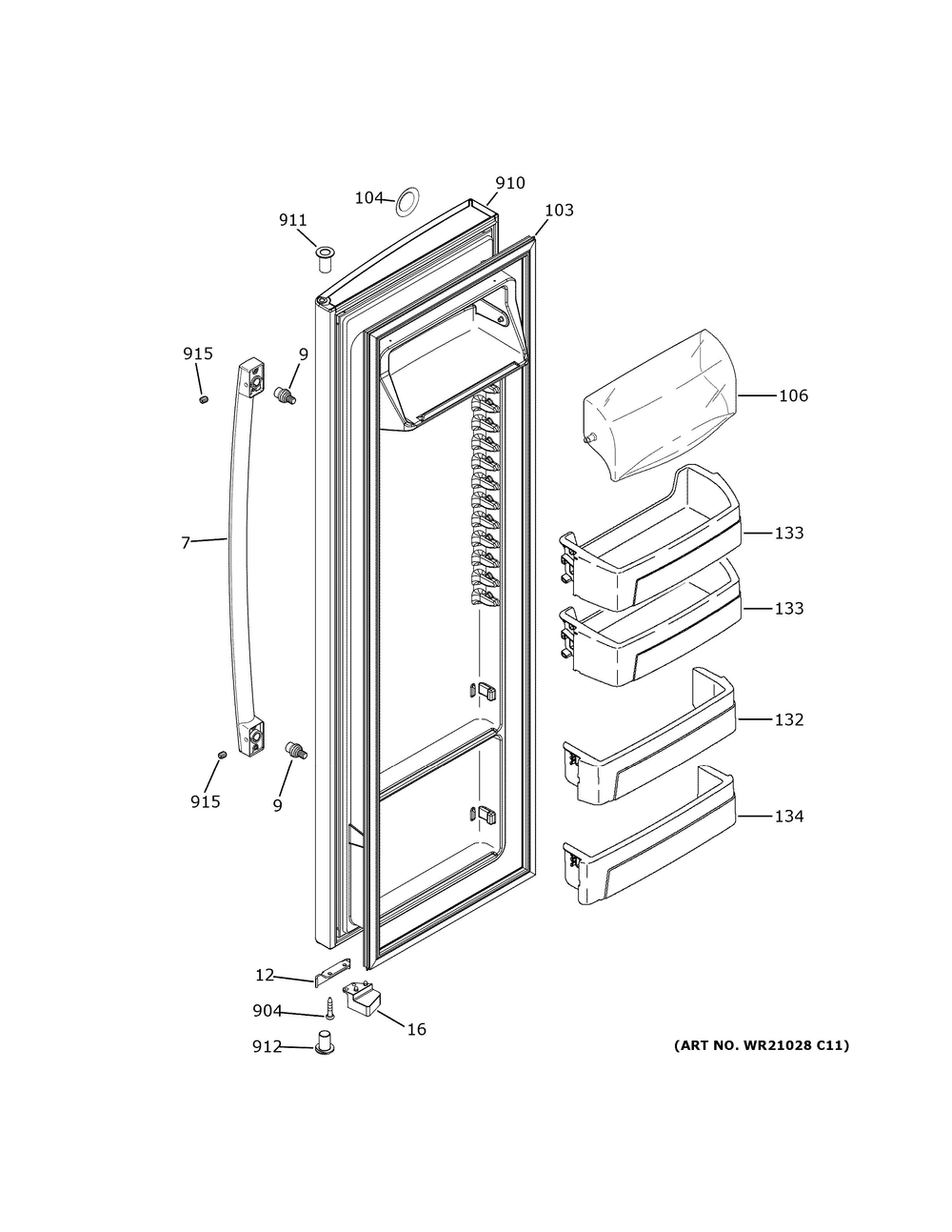 Fresh Food Door Diagram and Parts List for GSE25GGPHCWW  General Electric Refrigerator
