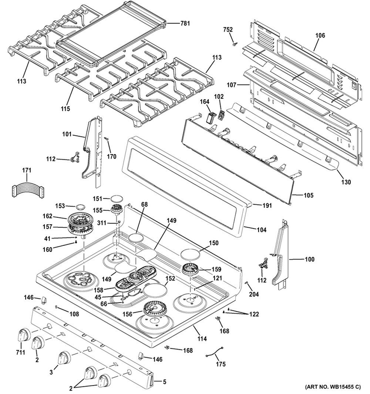 Control Panel & Cooktop Diagram and Parts List for PGB940ZEJ3SS  General Electric Range