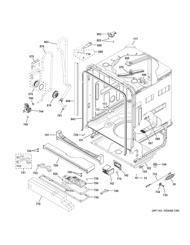 Body Parts Diagram and Parts List for GDT680SSH7SS  General Electric Dishwasher