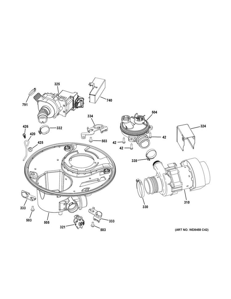 Sump & Motor Mechanism Diagram and Parts List for GDT580SMF4ES  General Electric Dishwasher