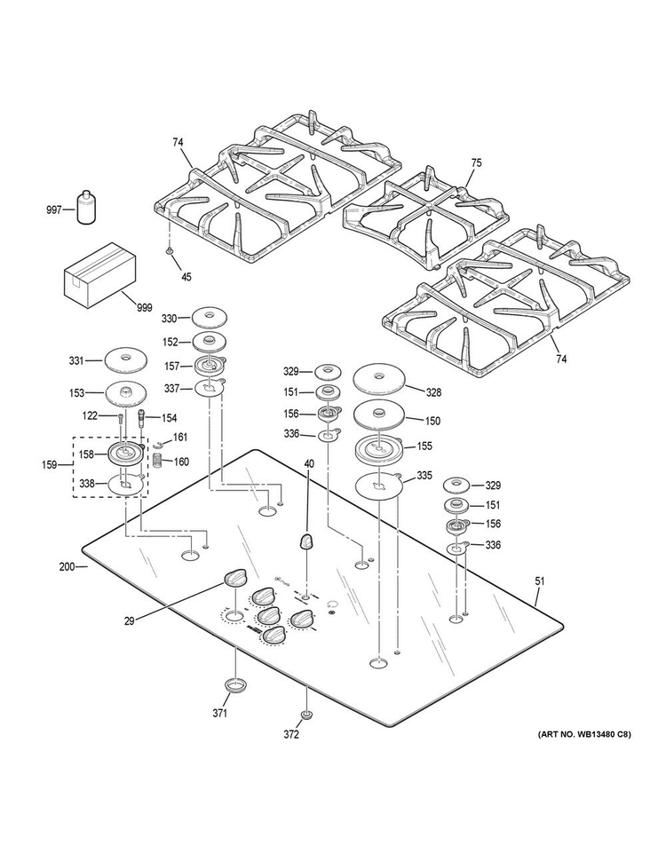 Control Panel & Cooktop Diagram and Parts List for JGP970TEK5WW  General Electric Cooktop