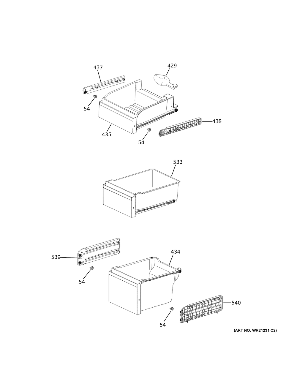 Freezer Shelves Diagram and Parts List for PAE28BYTBFS  General Electric Refrigerator