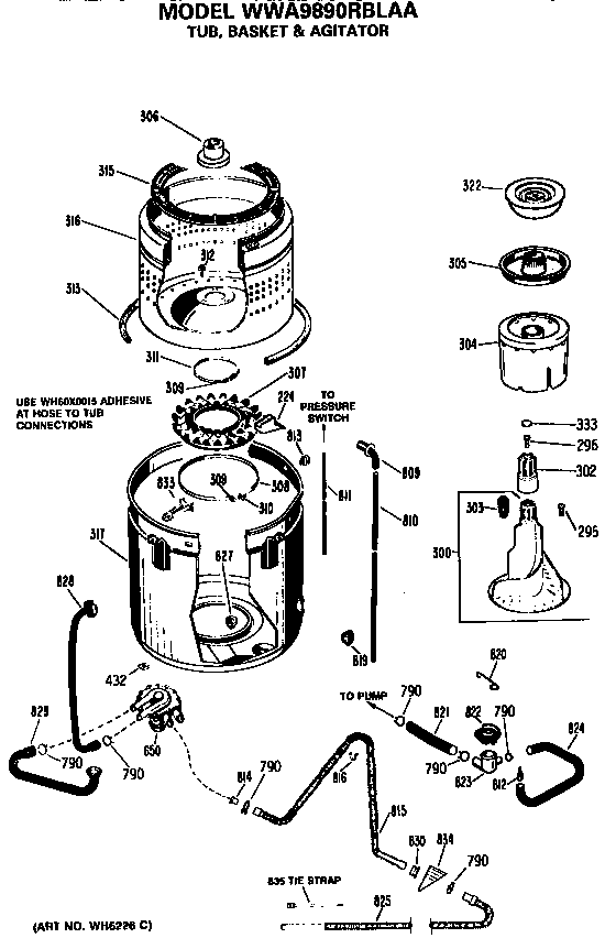 Tub, Basket And Agitator Diagram and Parts List for WWA9890RBLAA  General Electric Washer