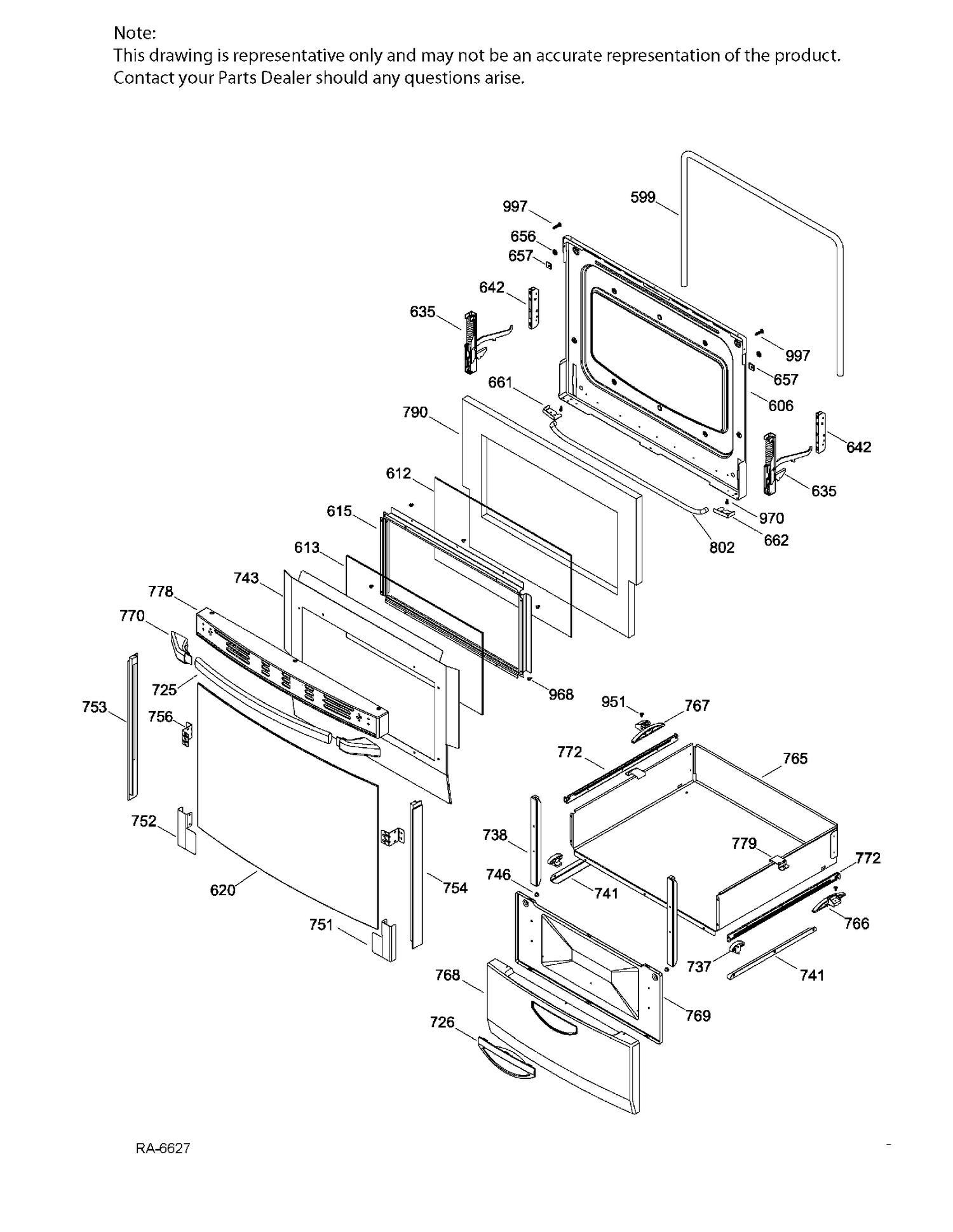 DOOR & DRAWER Diagram and Parts List for JCAP760BM3BB  General Electric Range