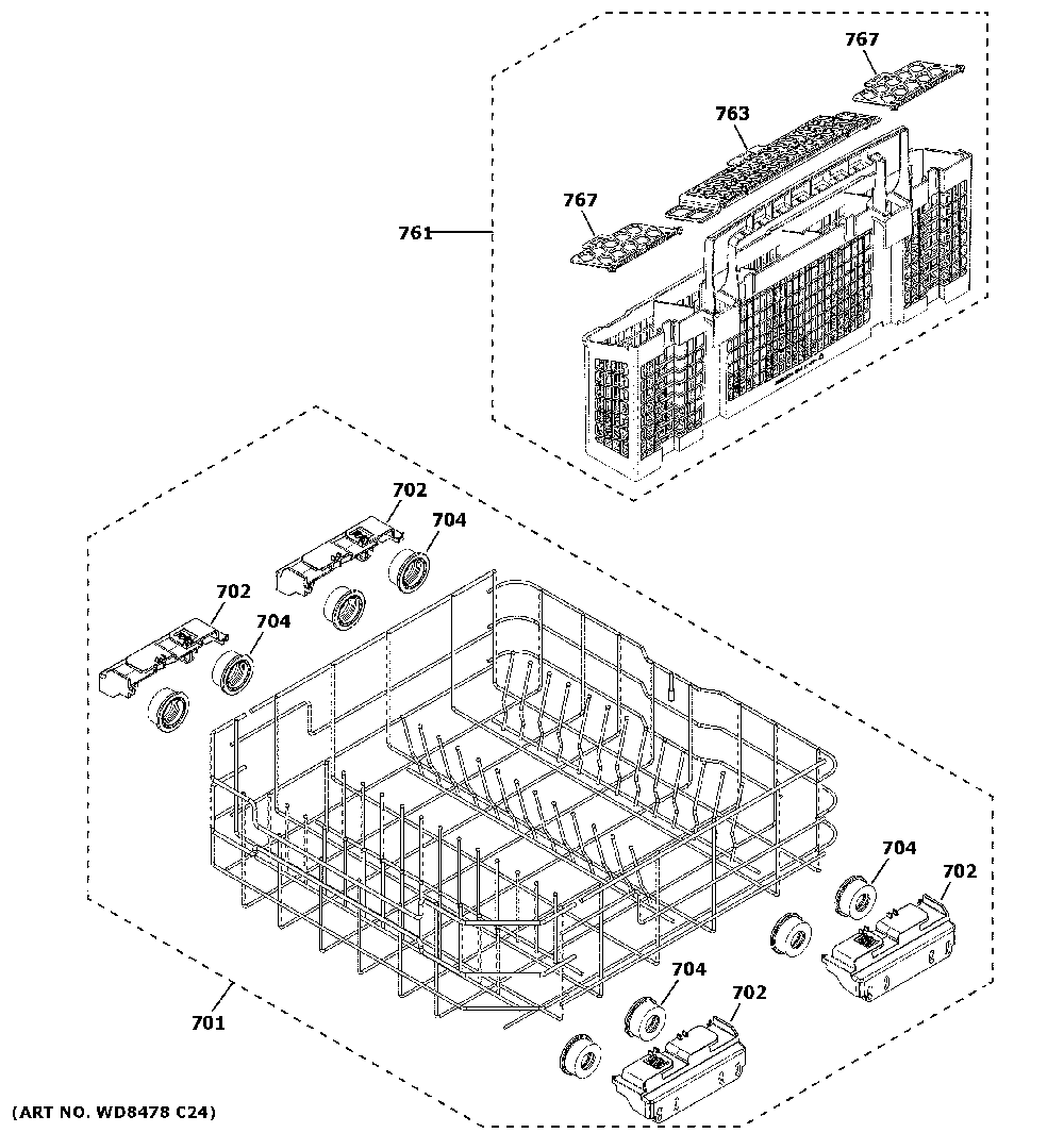 Lower Rack Assembly Diagram and Parts List for GDT645SYN5FS  General Electric Dishwasher