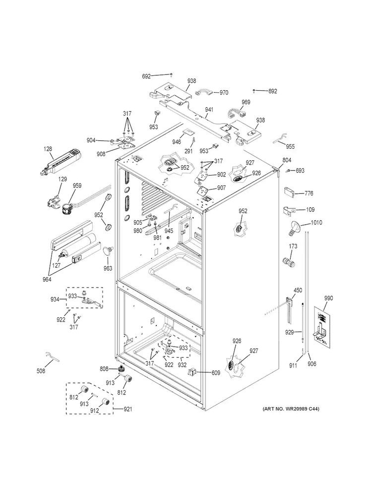 Case Parts Diagram and Parts List for PWE23KMDEES  General Electric Refrigerator