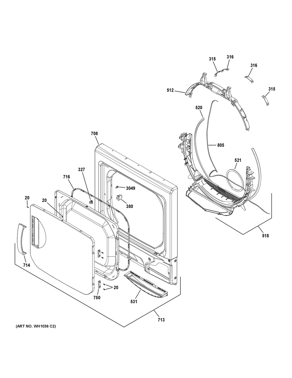 Dryer Front Panel & Door Diagram and Parts List for XUD27GSSM1WW  General Electric Washer Dryer Combo