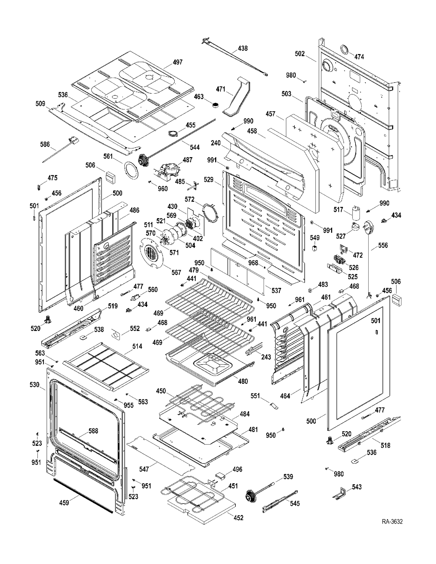 BODY PARTS Diagram and Parts List for PCB969DR1WW  General Electric Range