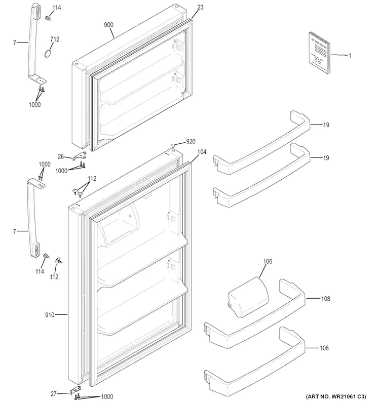 Doors Diagram and Parts List for GTE15CTHBRCC  General Electric Refrigerator