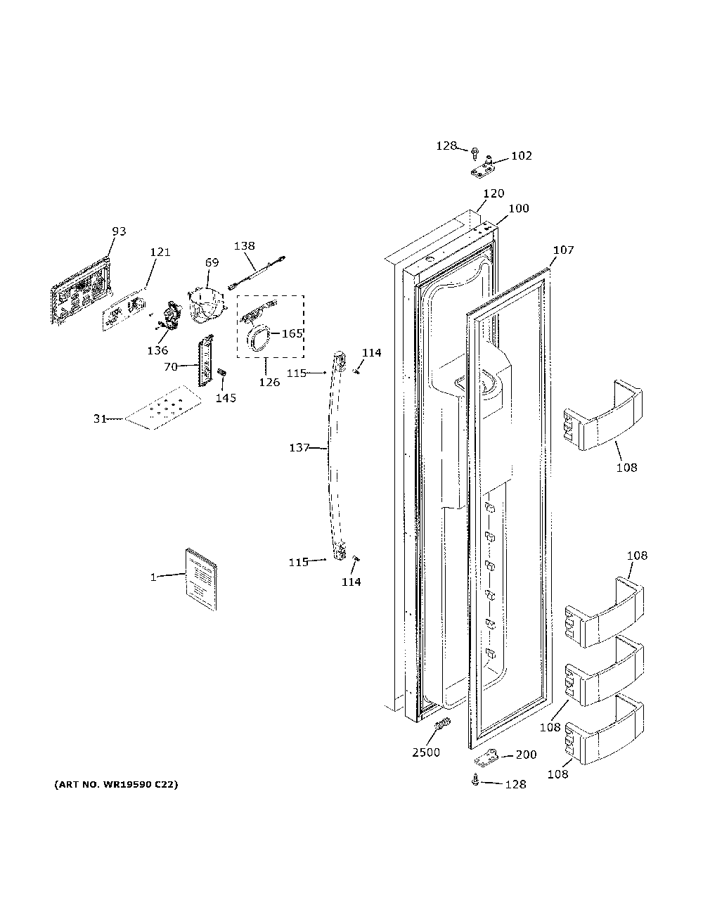 Freezer Door Diagram and Parts List for PSB42YSNHSS  General Electric Refrigerator