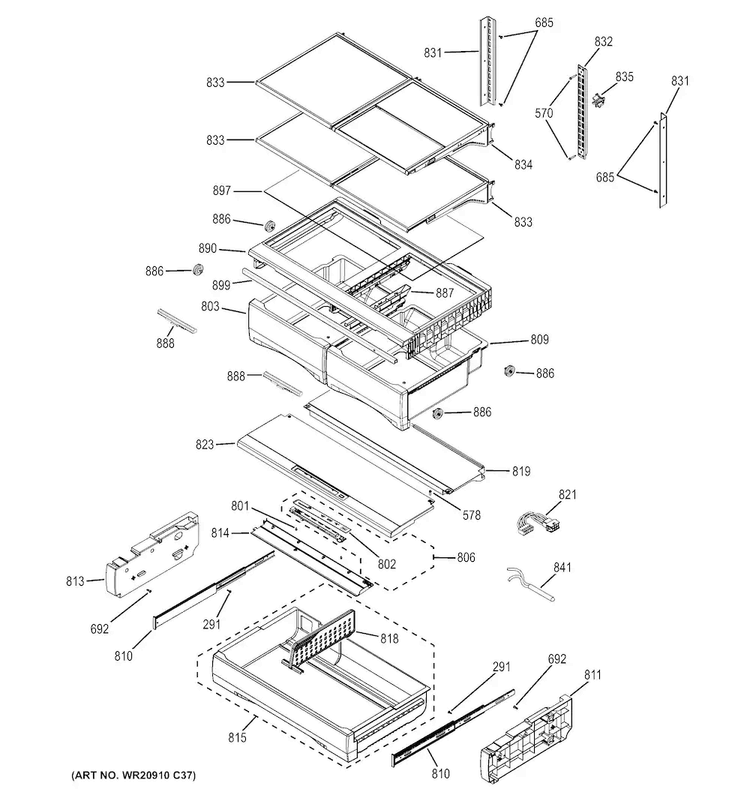 Fresh Food Shelves Diagram and Parts List for PFE28RSHHSS  General Electric Refrigerator