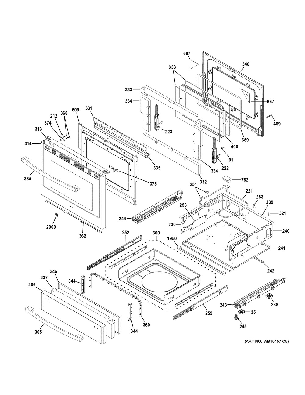 Door & Drawer Parts Diagram and Parts List for PGB940SEJ6SS  General Electric Range