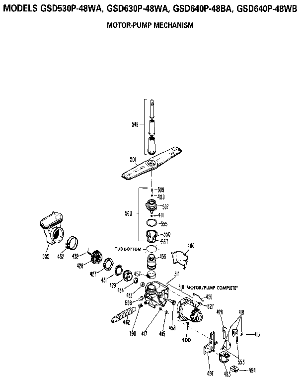 Motor-pump Mechanism Diagram and Parts List for GSD640P-48WB  General Electric Dishwasher