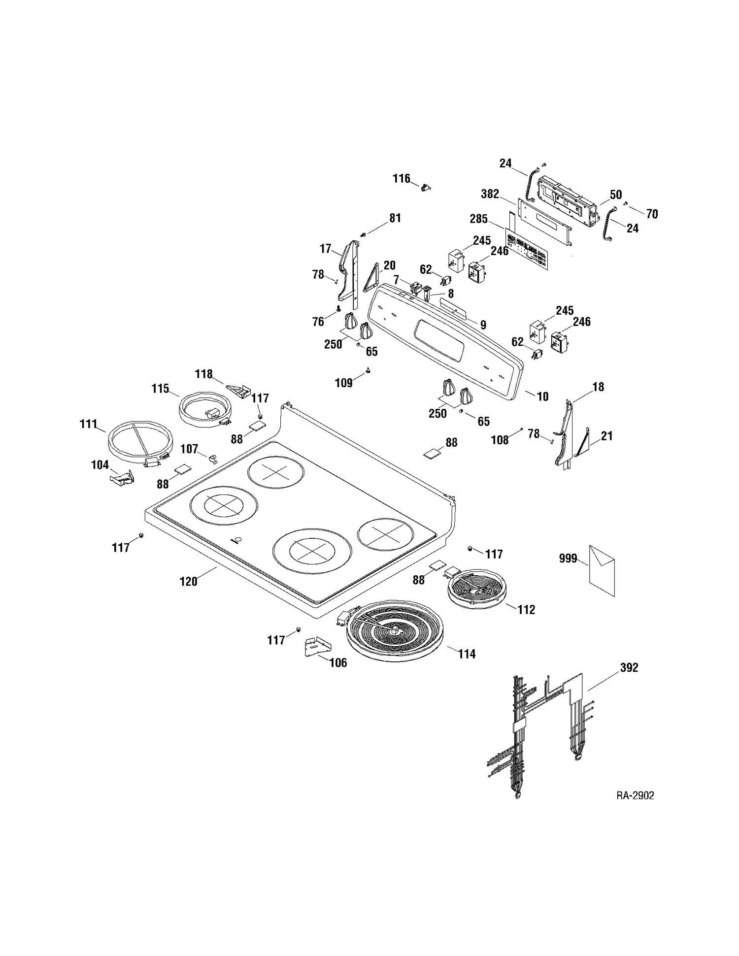 CONTROLS & COOKTOP Diagram and Parts List for JCBP79DP1WW  General Electric Range
