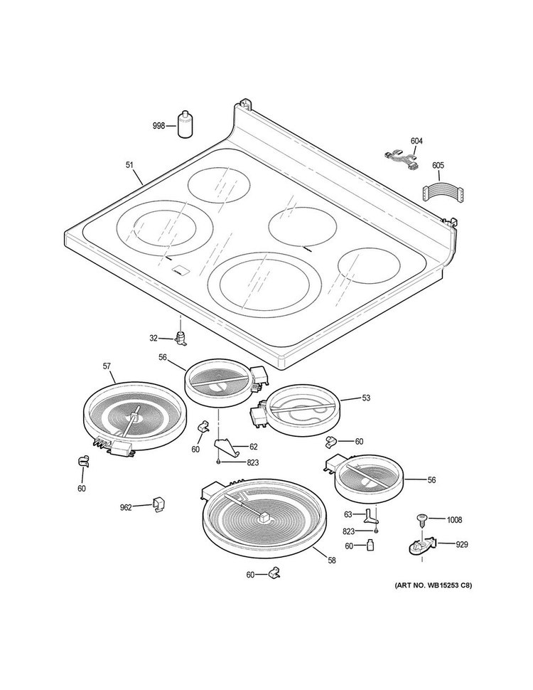 Cooktop Diagram and Parts List for PB911TJ4WW  General Electric Range