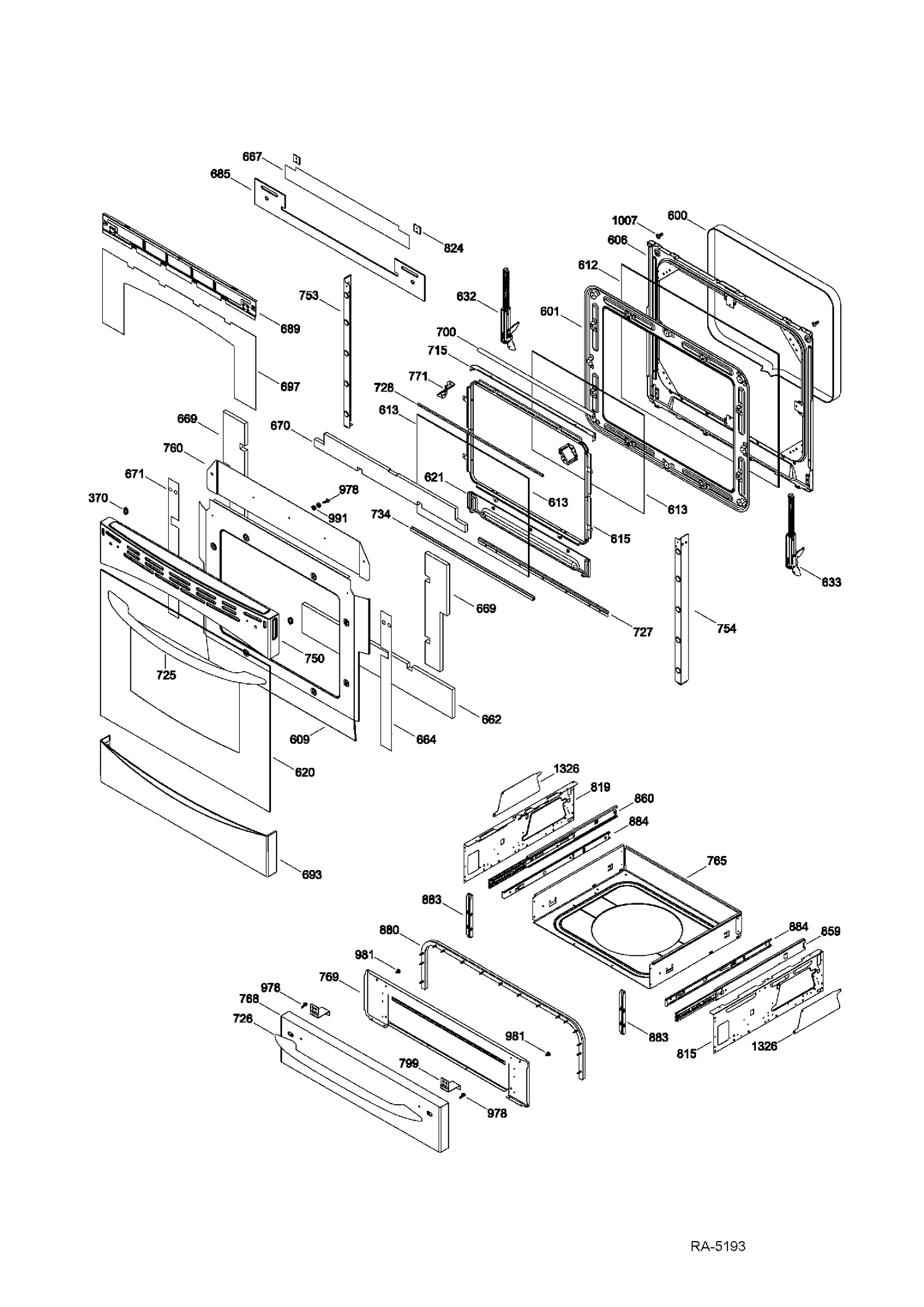 DOOR & DRAWER Diagram and Parts List for PCB909SR2SS  General Electric Range